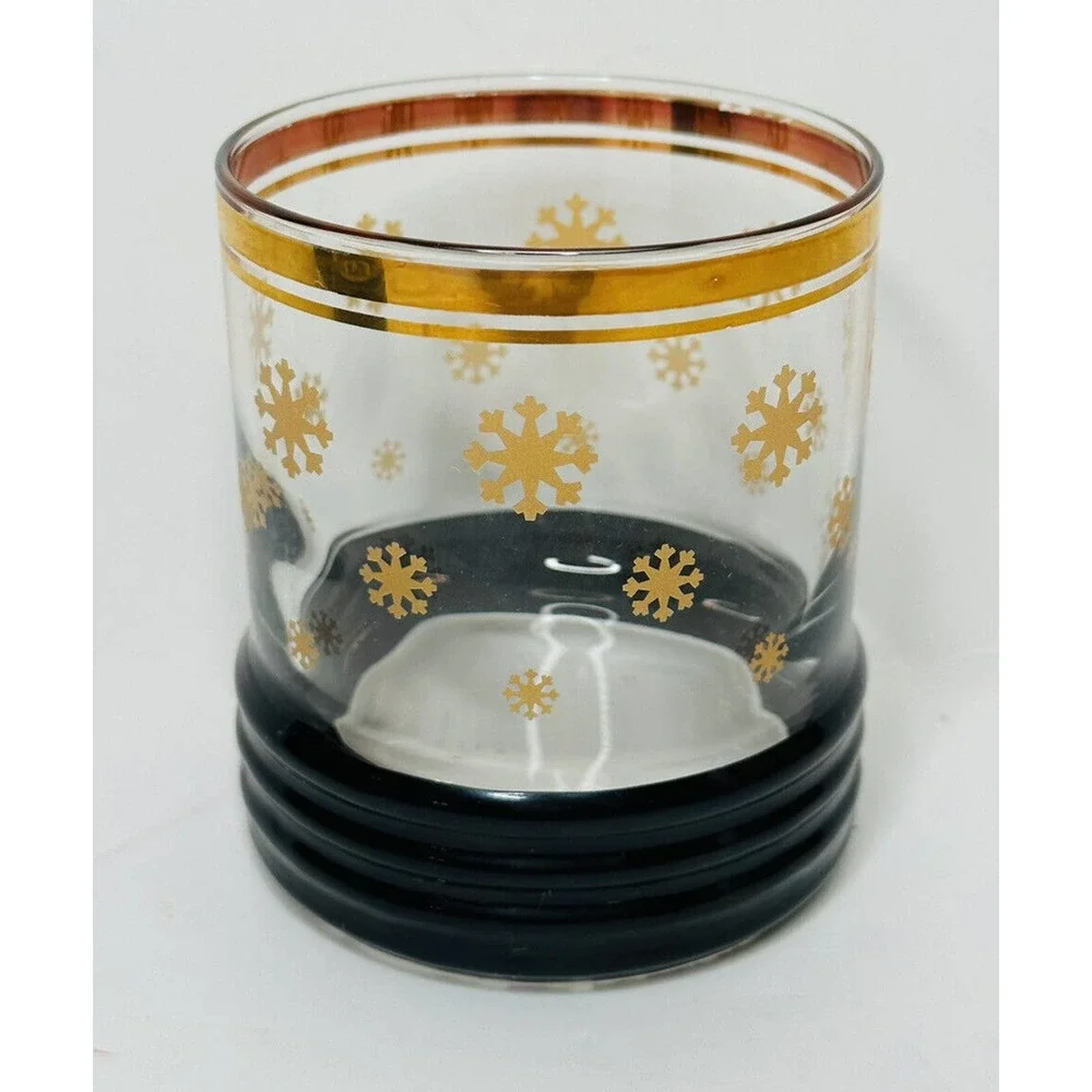 Vtg 3 MCM Rocks Old‎ Fashioned Whiskey Glasses Gold Snowflakes Rim Atomic Bottom